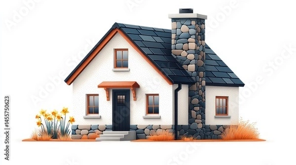 Obraz Charming Cottage Home with Stone Chimney and Daffodils
