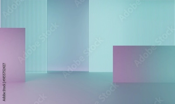 Obraz 3d rendering of blue and purple neon glowing wall background. Scene for advertising, technology, showcase, banner, game, sport, cosmetic, business, metaverse. Sci-Fi Illustration. Product display