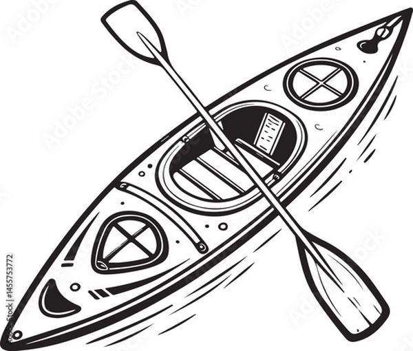 Fototapeta Kayak and Kayaking Black and White Vector Illustration, Sketch Drawing Line Linear Symbol Icon Engraving, Hand-drawn Isolated
