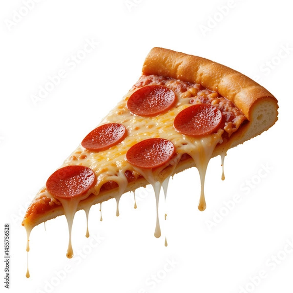 Obraz Slice of pepperoni pizza with melted cheese stretch, crisp edges, isolated on plain background.