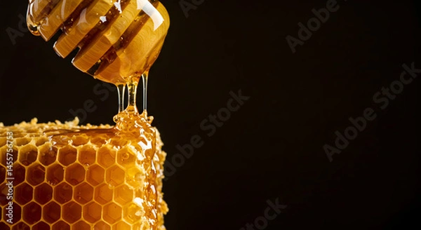 Fototapeta Honey Dripping From Dipper Onto Honeycomb Close Up with Dark Background