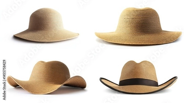 Fototapeta Four straw hats in various styles, light beige color,  isolated on white background