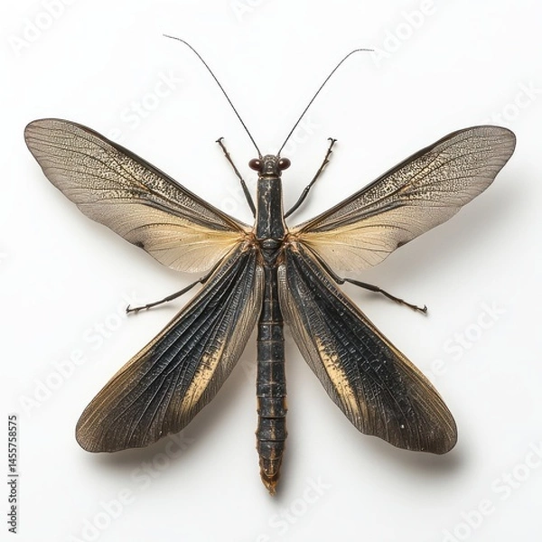 Obraz Detailed Closeup of a Dark Colored Insect with Delicate Wings Against White Background