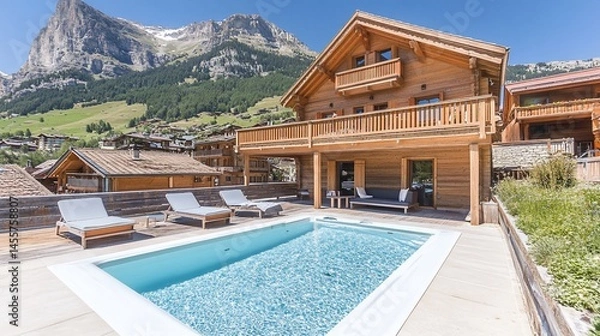 Obraz Mountain chalet with pool and deck