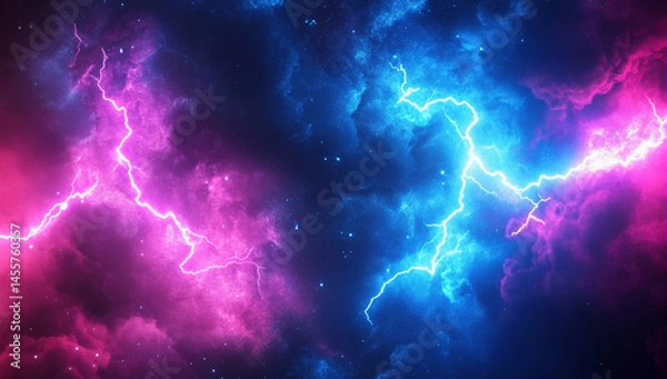 Fototapeta background featuring neon blue and pink lightning amidst cosmic scene, creating dynamic and energetic atmosphere that captivates viewer imagination