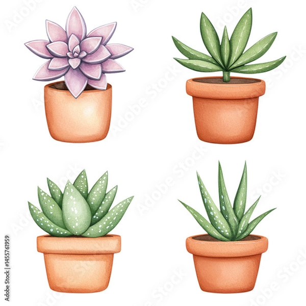 Fototapeta Succulents and terrarium plants watercolor collection concept. Four different potted succulents with varying leaf shapes and colors are arranged in a grid