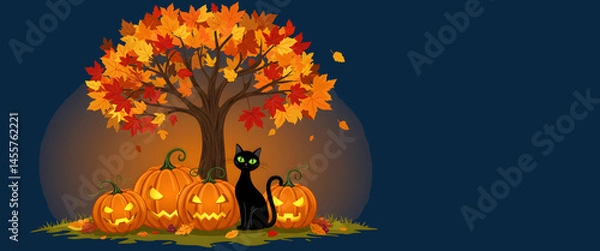 Obraz Halloween cat with pumpkins under an autumn tree  
