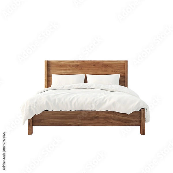 Fototapeta modern wooden bed with natural finish, featuring simple yet elegant design. bed is adorned with white bedding and two plush pillows, creating cozy and inviting atmosphere