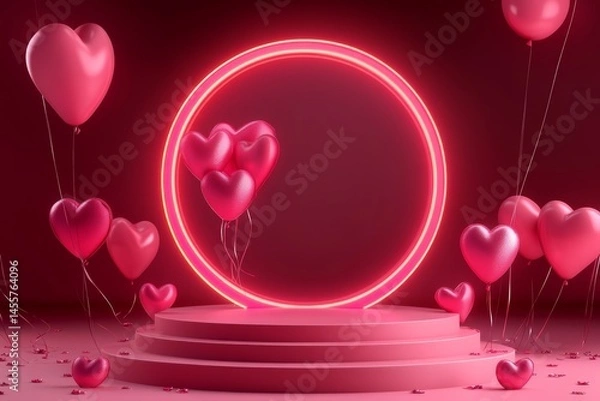 Fototapeta 3D rendering of pink balloons with hearts on a cake stand, surrounded by more heart balloons and floating hearts in the air.