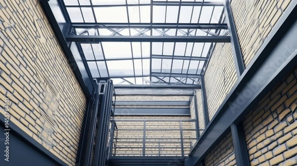 Fototapeta Modern architecture interior design with structural framework and exposed brick walls showcasing an urban aesthetic and constructional elements