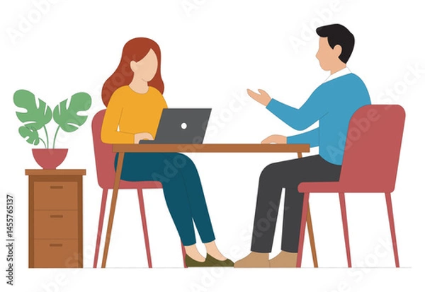 Fototapeta Flat Vector Illustration of Office Meeting Man and Woman Talking at Desk. Business Discussion Vector Art Coworkers Collaboration Scene at Workplace. Modern Office Table Meeting Concept People Working.