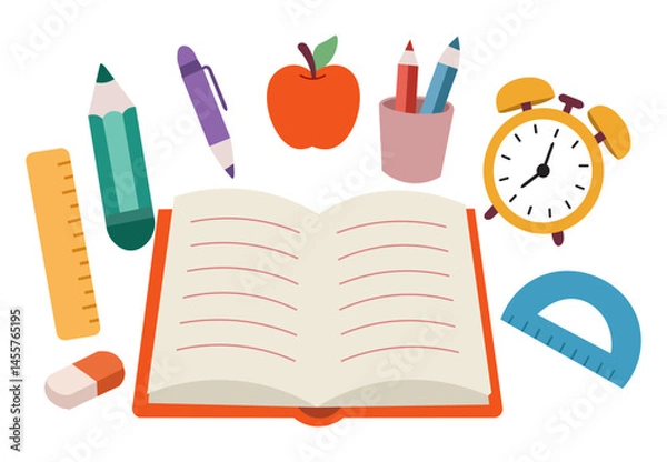 Fototapeta back to school concept. Flat school supplies vector set open book, pencil, alarm clock, apple, ruler, and stationery items for back to school and education design.