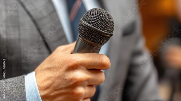 Fototapeta Close up of hand holding microphone, showcasing business suit with textured pattern. image conveys professionalism and readiness for presentation or speech