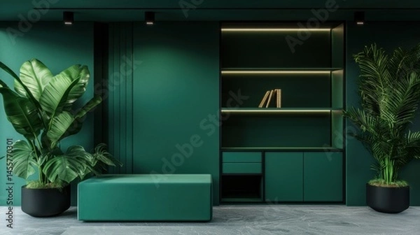 Obraz A modern living room with a green color theme, featuring a bookshelf, ottoman, and potted plants.