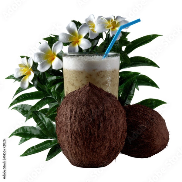 Obraz Refreshing tropical coconut drink with straw surrounded by lush greenery and exotic elements for ultimate relaxation.