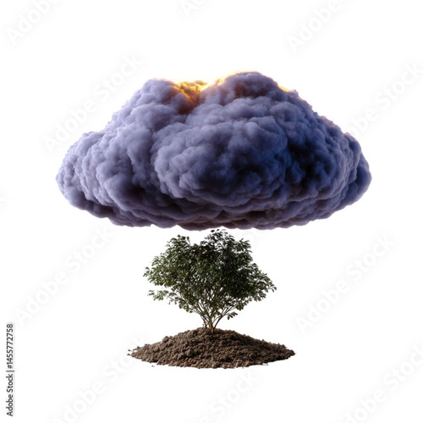 Fototapeta Enigmatic tree surrounded by a billowing cloud of smoke creating a dreamy and calm atmosphere isolated on white.