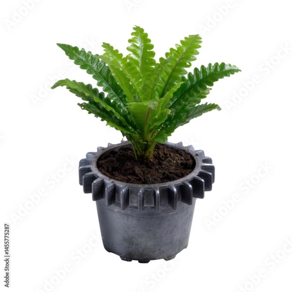 Obraz A sprouting plant inside a gear representing sustainable growth and the interconnection between nature and industry.