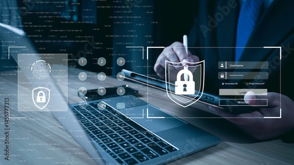 Fototapeta Cyber security technology digital information, lock mark cybersecurity internet, protect attacks from a hacker. concept of password privacy on an online system, secure data from crime, virus cyber.