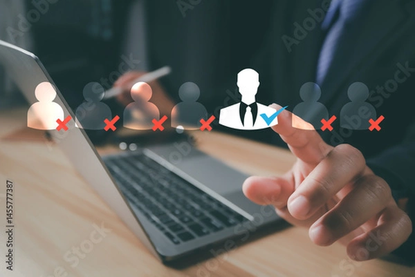 Fototapeta A businessman selects a highlighted person icon among others, symbolizing recruitment, candidate selection, target marketing, and strategic partnership decision-making.