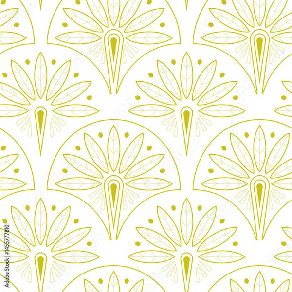 Fototapeta Gold Art Deco seamless pattern on a white background. Gold floral symmetrical endless print for wallpaper, fabric, and wrapping paper—geometric illustration.