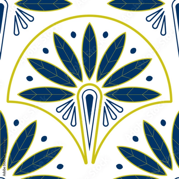 Fototapeta Art Deco seamless pattern on a white background. Gold and blue floral symmetrical endless print for wallpaper, fabric, and wrapping paper—geometric illustration.