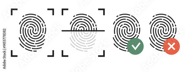 Obraz Fingerprint scanning with green flag or red cross. Biometric unique identification process. Electronic scanner. Approve or restricted access. Human ID authentication vector icons set