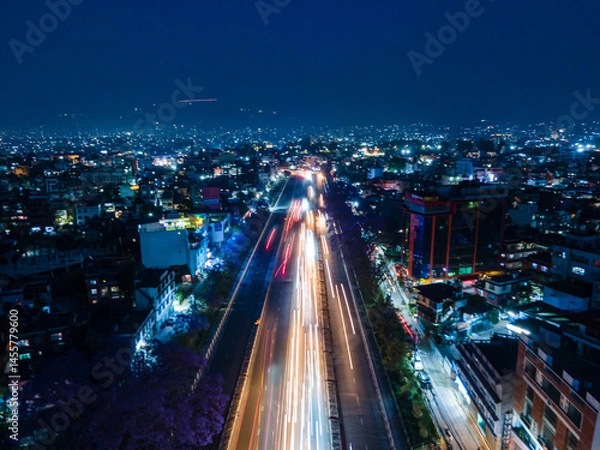 Obraz night Drone view of Ringroad highway Kathmandu, Nepal.