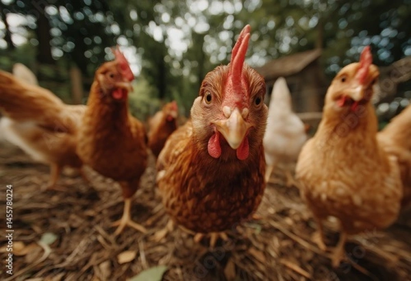 Fototapeta Curious Chickens on a Free Range Farm Pecking Toward the Camera in a Rustic Backyard Setting, Close Up View of Brown Hens in Natural Environment with Coop in the Background and Organic Farm Atmosphere