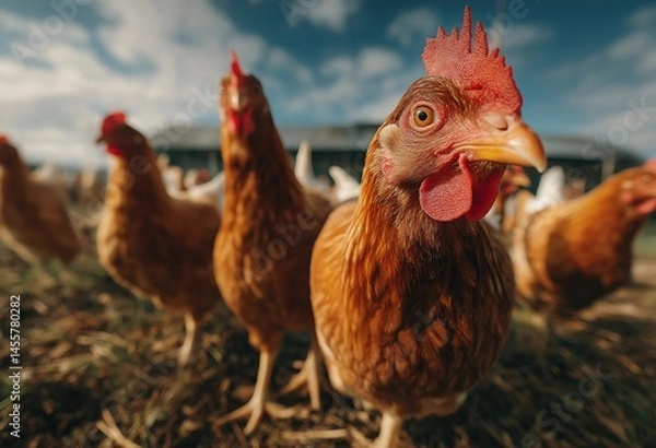 Fototapeta Curious Chickens on a Free Range Farm Pecking Toward the Camera in a Rustic Backyard Setting, Close Up View of Brown Hens in Natural Environment with Coop in the Background and Organic Farm Atmosphere