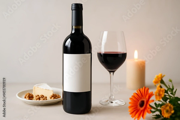Fototapeta Red Wine Bottle with Blank Label Mockup

