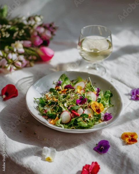 Fototapeta Fresh spring salad with edible flowers and herbs, top view, rustic setting