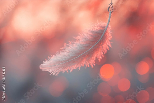 Fototapeta Macro shot of a feather suspended in air with pink bokeh background