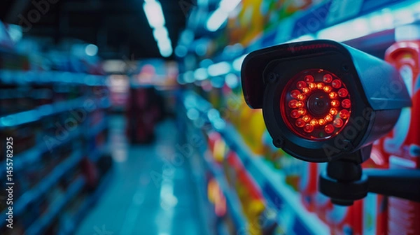 Obraz Close-Up of a Security Camera with Blinking Red LED Light, Focused on Blurred Retail Store Aisle Background, Surveillance Technology, CCTV Monitoring, Store Safety Concept