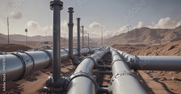 Fototapeta Hydrogen gas flowing through pipeline network,  metal,  energy grid,  distribution