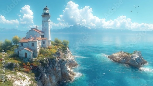 Fototapeta A charming, old lighthouse perched on a cliff overlooking a vast, endless ocean under a clear sky.