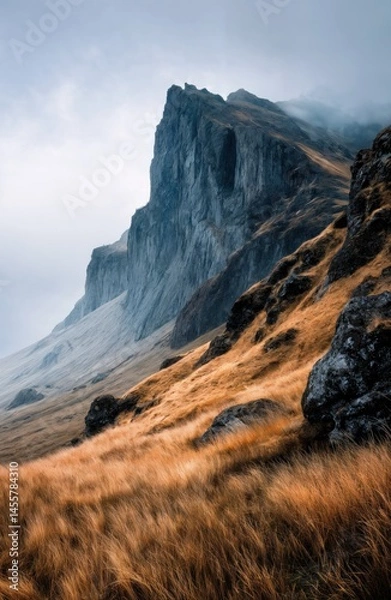 Obraz Misty Cliffside Mountain Rising Above Golden Grass Hillside in Autumn Light, Dramatic Landscape with Steep Rocky Slopes, Rugged Nature Scene Evoking Solitude, Wilderness, and Majestic Elevation