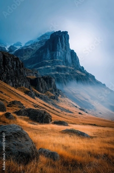 Obraz Misty Cliffside Mountain Rising Above Golden Grass Hillside in Autumn Light, Dramatic Landscape with Steep Rocky Slopes, Rugged Nature Scene Evoking Solitude, Wilderness, and Majestic Elevation