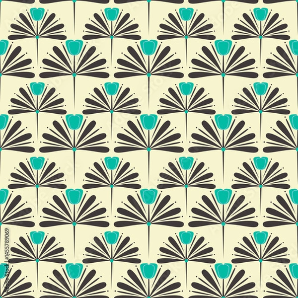 Fototapeta Blue abstract flower seamless pattern on a beige background. Art Deco tulip endless print.