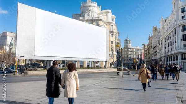Fototapeta A blank billboard stands prominently in a lively Madrid cityscape filled with pedestrians including a man and a woman walking together amidst modern architecture and blue sky