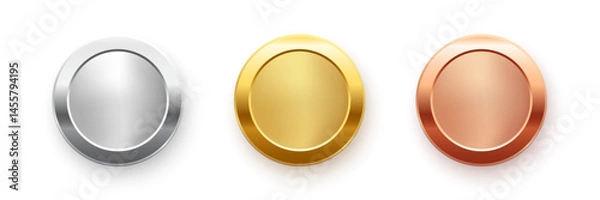 Fototapeta Gold, silver and bronze circle frames. First, second, third place medals isolated on white background. Blank metal ring, button, stamp, emblem, sticker, label. Abstract vector illustrations set.