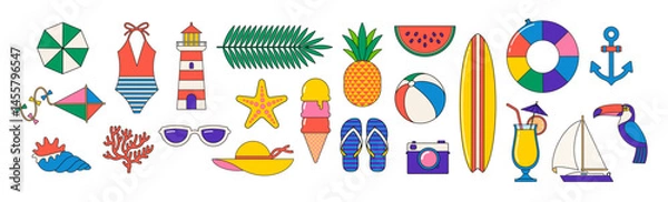 Obraz Summer Beach Vibes Vector Collection – Holiday Symbols, Seaside Fun, Tropical Elements, and Vacation Icons