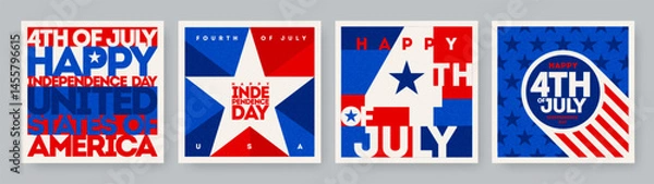 Obraz Modern 4th of July Independence Day Vector Banners with Stars and Stripes in Red, White, and Blue – USA Patriotic Celebration Set