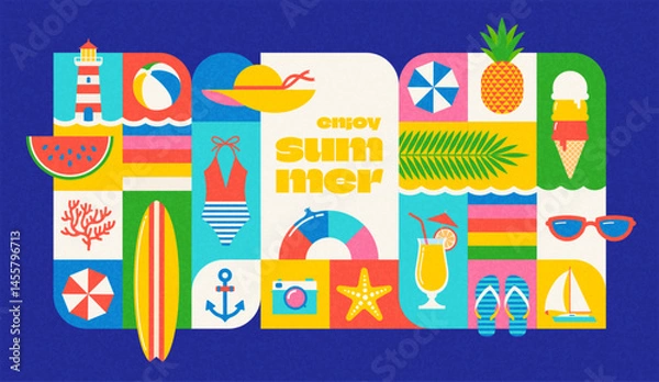 Obraz Enjoy Summer - Colorful Geometric Vector Banner with Beach Elements and Holiday Icons