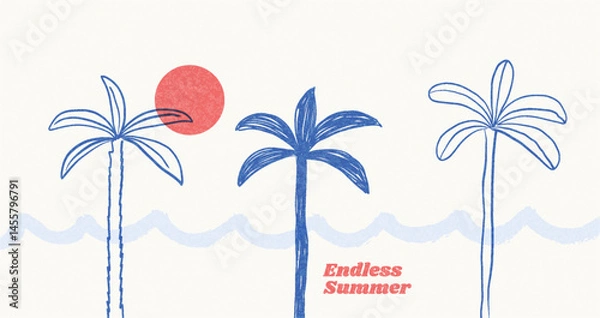 Obraz Endless Summer Minimalist Palm Trees with Sun – Hand Drawn Beach Vector Art