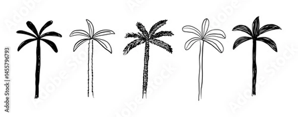 Obraz Hand Drawn Palm Trees Set – Minimalist Sketched Tropical Vector Collection