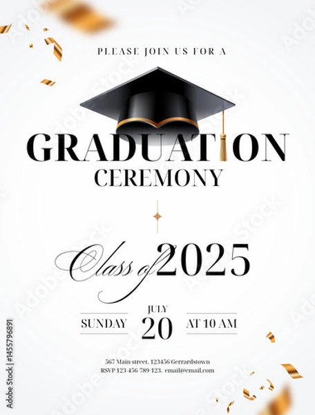 Obraz Elegant Graduation Ceremony Invitation with Cap, Golden Confetti, and Class of 2025 Typography Template. Vector Illustration.