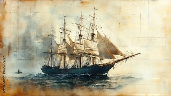 Fototapeta A detailed sketch of an old sailing ship, its sails billowing in the wind, a reminder of seafaring adventures.