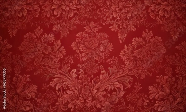 Fototapeta Crimson damask with swirling floral patterns  Deep red, luxurious wallpaper design , scarlet, intricate
