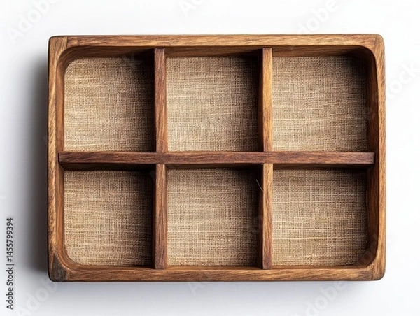 Obraz Rustic Wooden Box with Six Compartments on White Background