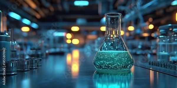 Fototapeta Image of green chemicals in glass bottles in a laboratory